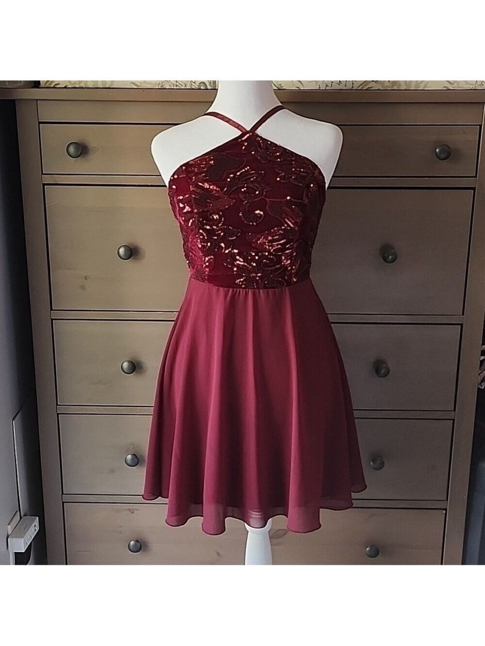 Lulus Time of Love Burgundy Sequin Halter Skater Dress Velvet & Chiffon